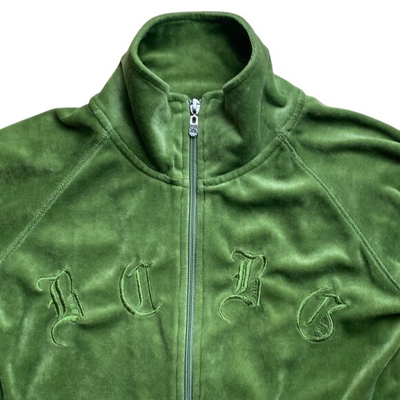 Vintage BCBG Y2K Velour Track Jacket Olive Green Zip Up Embroider Gothic Logo-S - Picture 4 of 13